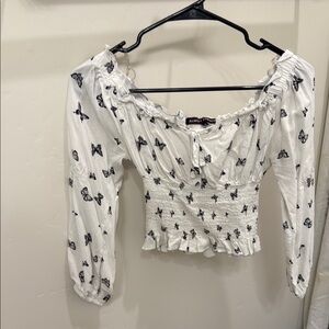 White Butterfly Print Women's Top